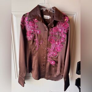 Brown Shirt with Pink Floral Embroidery